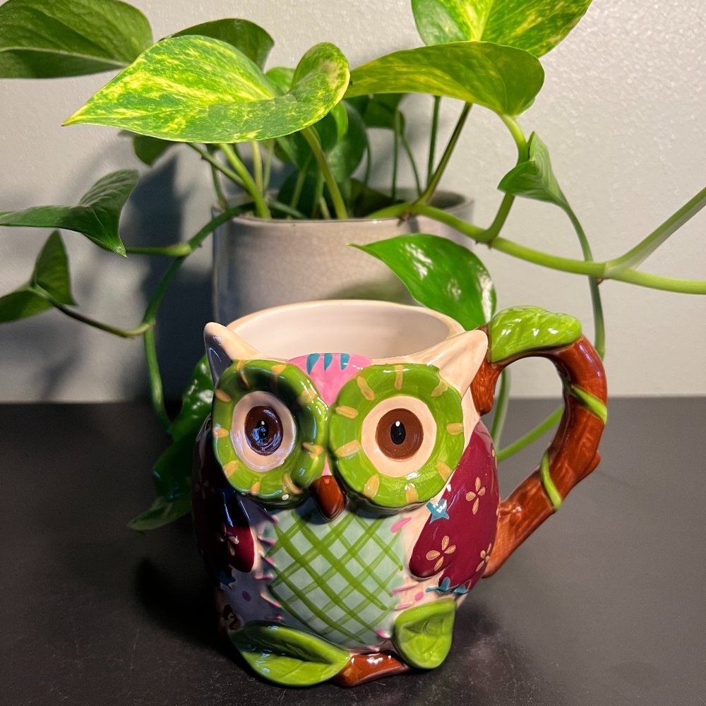 Pier 1 Imports Hand Painted Whimsical 3D Owl Dolomite  Coffee Mug 3-D Embossed